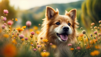 Dog in the meadow. A red dog plays among meadow flowers. AI generated