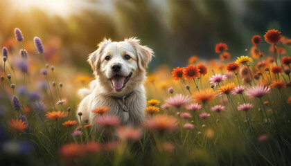 Dog in the meadow. Cute dog plays among flowers at sunset. AI generated