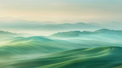 Misty hills with soft light. Soft light blankets the undulating hills, creating a dreamlike and tranquil landscape, perfect for calming and inspirational themes.