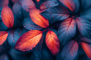 Close up of wet orange, blue and purple leaves with water drops natural floral wallpaper background - Powered by Adobe