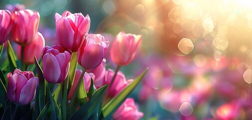 Pink tulips in pastel coral tints at blurry background, closeup. Fresh spring flowers in the garden - 794406223
