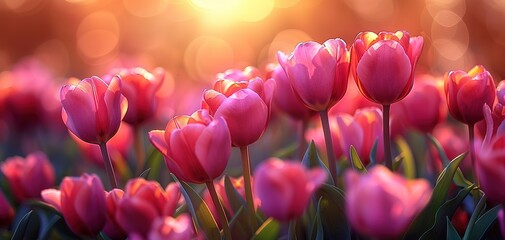 Pink tulips in pastel coral tints at blurry background, closeup. Fresh spring flowers in the garden - 794406265