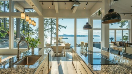 Fototapeta premium Elegant kitchen interior with ocean backdrop, ideal for high-end property listings.