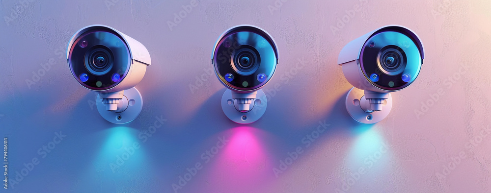 Poster three security cameras are lit up in different colors. the lights are bright and colorful, creating 