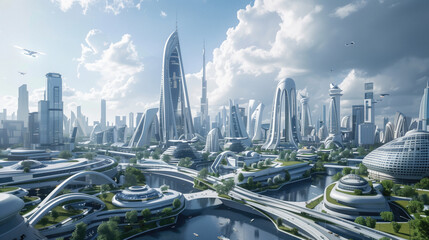 A futuristic cityscape with tall buildings and a large body of water - Powered by Adobe