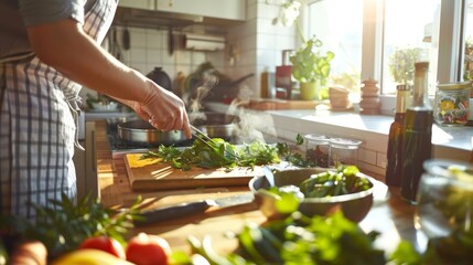 Hands and fresh herbs on cutting board, warm kitchen, great for culinary education or wellness.