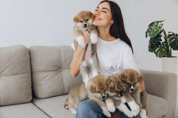 Happy smiling millennial woman owner or volunteer playing with Akita Inu puppies on sofa at home or shelter