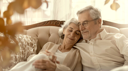 Joyful elderly duo sharing a couch, for content on relationships in golden years or wellness.