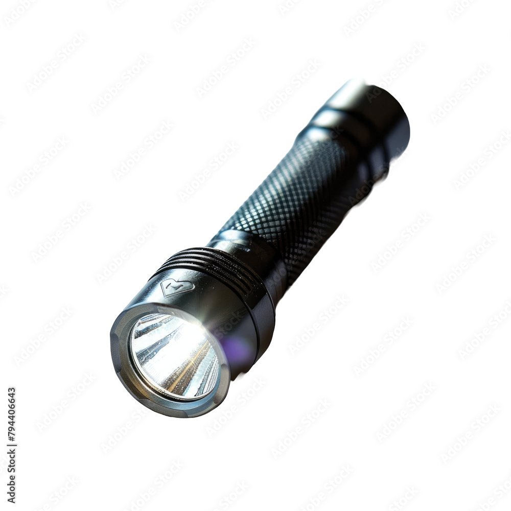 Aufkleber an out of focus pocket sized led flashlight is depicted against a transparent background in a isolat