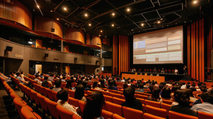 A large auditorium filled with people watching a presentation