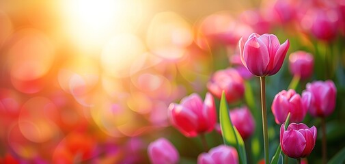 Pink tulips in pastel coral tints at blurry background, closeup. Fresh spring flowers in the garden - 794406819