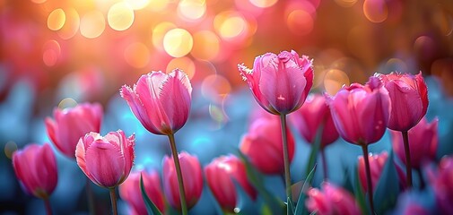 Pink tulips in pastel coral tints at blurry background, closeup. Fresh spring flowers in the garden - 794406835