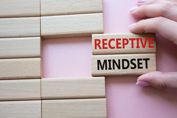 Receptive Mindset symbol. Concept word Receptive Mindset on wooden blocks. Beautiful pink...