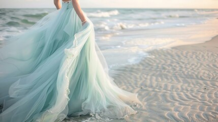 Fototapeta na wymiar Ethereal seaside elegance: Woman in billowing dress, perfect for fashion and bridal concepts.