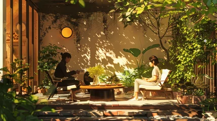 Foto op Plexiglas Urban garden tranquility: Modern architectural backdrop for wellness and home lifestyle. © mashimara