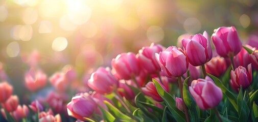 Pink tulips in pastel coral tints at blurry background, closeup. Fresh spring flowers in the garden - 794407063
