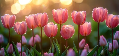 Pink tulips in pastel coral tints at blurry background, closeup. Fresh spring flowers in the garden - 794407093
