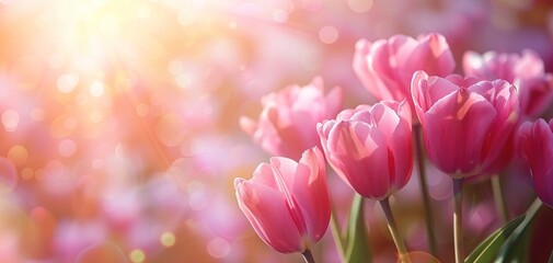 Pink tulips in pastel coral tints at blurry background, closeup. Fresh spring flowers in the garden - 794407260
