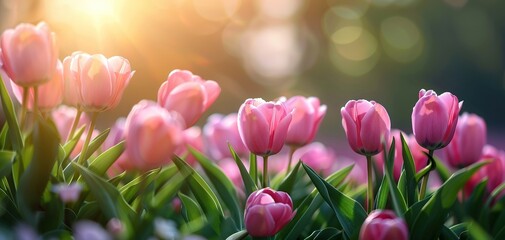 Pink tulips in pastel coral tints at blurry background, closeup. Fresh spring flowers in the garden - 794407279