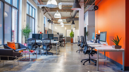 A large open office space with a bright orange wall and a green plant