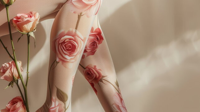 Dramatic rose-patterned stockings: High fashion focus, suitable for design and style guides.