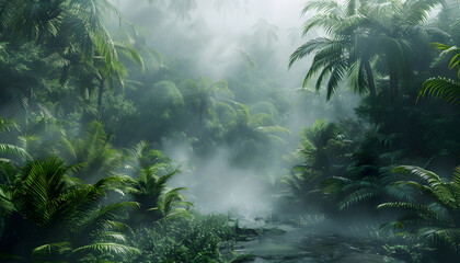 Exotic foggy forest jungle panorama with a natural landscape and a mystical atmosphere, perfect for relaxation and meditation.