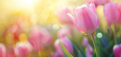 Pink tulips in pastel coral tints at blurry background, closeup. Fresh spring flowers in the garden - 794407480