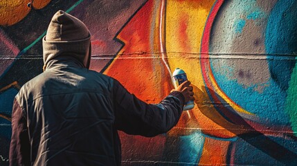 Urban artist spray painting colorful graffiti on a wall. Represents urban art, creativity, and...