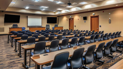 A large auditorium with rows of chairs and a projector screen
