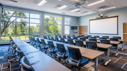 A large classroom with rows of chairs and tables