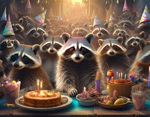 Birthday of a raccoon celebrating with many raccoon family and friends with cake, birthday hat, and decorations