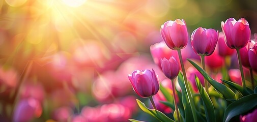 Pink tulips in pastel coral tints at blurry background, closeup. Fresh spring flowers in the garden - 794407883