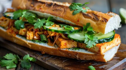 vegan banh mi sandwich, stuffed with marinated tofu, fresh cucumber, cilantro, and a generous layer of kimchi