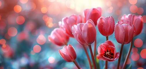 Pink tulips in pastel coral tints at blurry background, closeup. Fresh spring flowers in the garden - 794408076