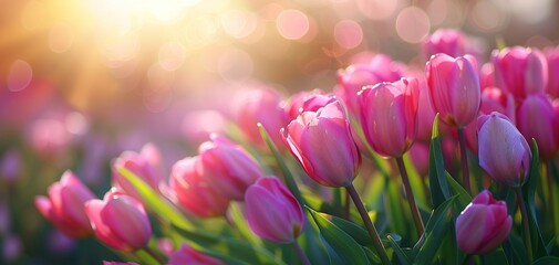 Pink tulips in pastel coral tints at blurry background, closeup. Fresh spring flowers in the garden - 794408234