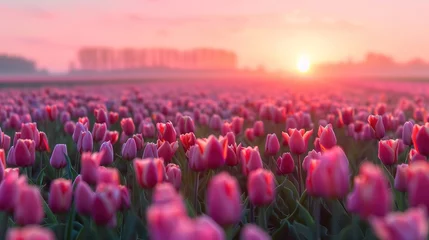 Fotobehang A magical landscape with sunrise over tulip field in the Netherlands © Vasiliy