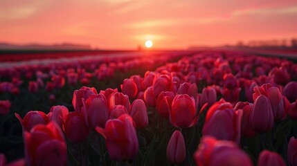 A magical landscape with sunrise over tulip field in the Netherlands - 794408409