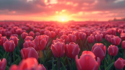 A magical landscape with sunrise over tulip field in the Netherlands - 794408450