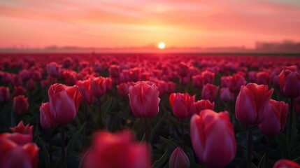 A magical landscape with sunrise over tulip field in the Netherlands - 794408829