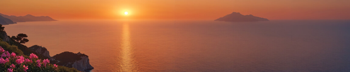 A beautiful sunset over an ocean, with the sun reflecting off the water's surface.