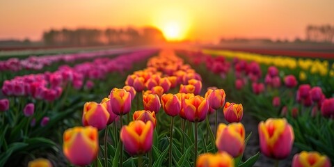 A magical landscape with sunrise over tulip field in the Netherlands - 794409098