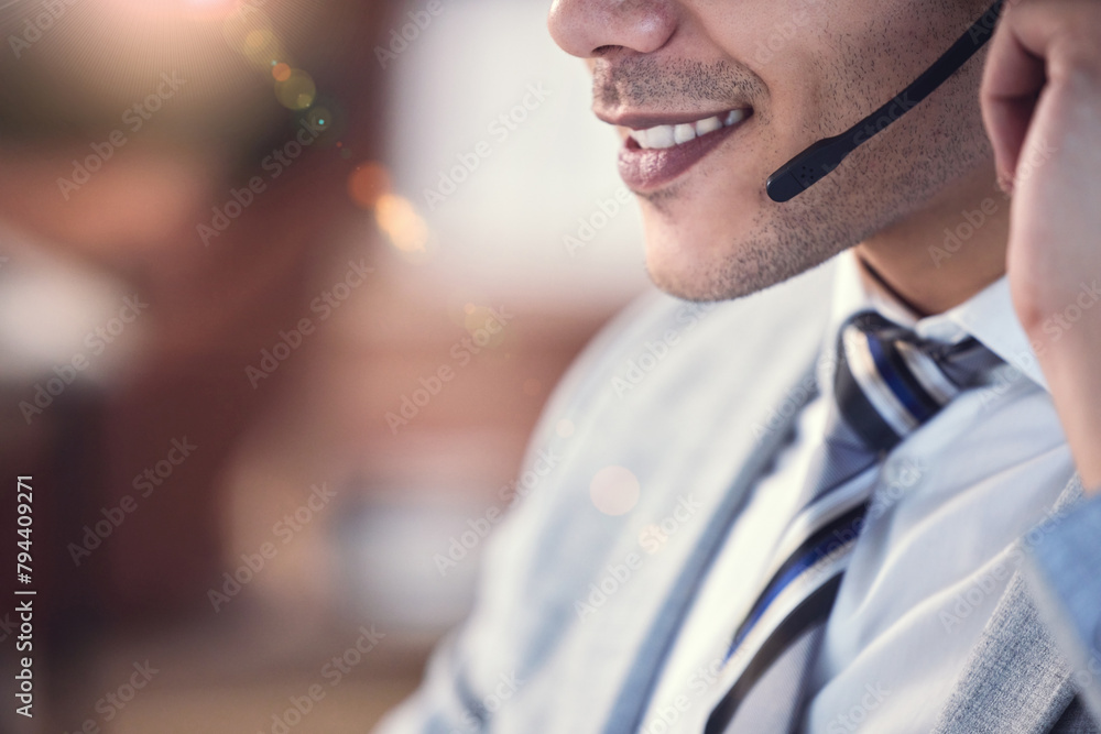 Poster Face, man and happy as employee at call center with customer or client support and service. Male person, crm and advisor or consultant with smile or satisfied with job and career growth as agent