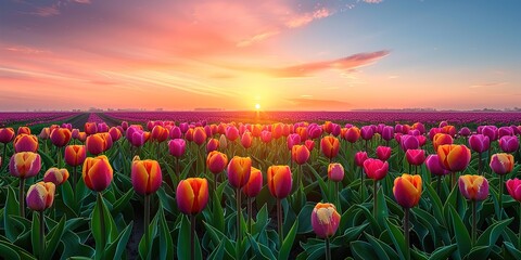 A magical landscape with sunrise over tulip field in the Netherlands - obrazy, fototapety, plakaty