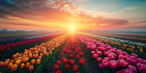 A magical landscape with sunrise over tulip field in the Netherlands - 794409465