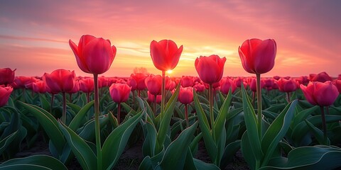 A magical landscape with sunrise over tulip field in the Netherlands - 794409468