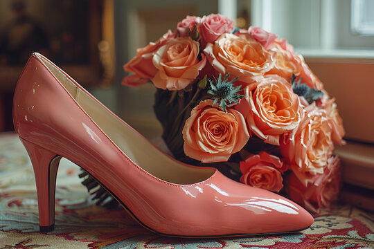 wedding shoes and flowers 3d image ,
Pink Shoe and Bouquet 
