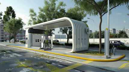 A gas station with a white canopy and a yellow sign