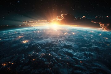 Nightly planet Earth in dark outer space. Civilization. Elements of this image furnished by NASA - obrazy, fototapety, plakaty