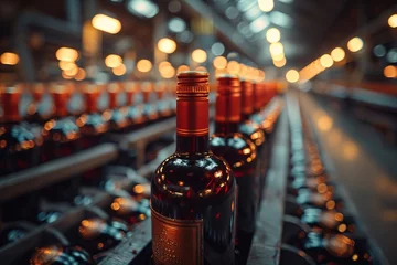 Fotobehang Row of glass bottles with alcoholic beverages on a cellar conveyor belt © Vladimir