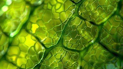 An intricate network of green chloroplasts can be seen inside the plant cell harnessing the power of sunlight to provide energy for - obrazy, fototapety, plakaty